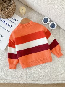 SHEIN LMoss Kids 女嬰圓領套頭毛衣，粉色條紋，柔軟舒適，適合秋冬穿著 - 紅色 - 查看 2