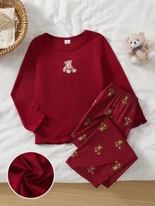 SHEIN 女童杏色羅紋熊圖案長袖上衣與休閒熊圖案長褲家居服套裝 - 酒紅色 - 查看 2