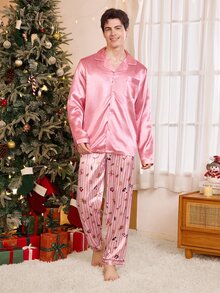 CoupledUp Cartoon Casual Wearable Christmas Men's Loungewear Set, Comfortable 2 Pieces Outfit - Pink - View 6