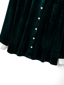 GlowEve CURVE Plus Size Contrast White Collar Fuzzy Two Pieces Outfit, Button Front Long Sleeve Shirt Top And Wide Leg Pants Set - Green - View 6