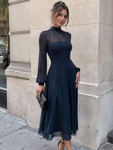 Cévolie Women's Mesh Patchwork Stand Collar Elegant Waist-Cinching Party Dress - Royal Blue - View 5
