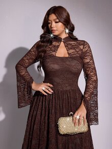 Viva Relle Romantic Lace Long Sleeve Cinched Waist A-Line Full Skirt Maxi Dress - Brown - View 4