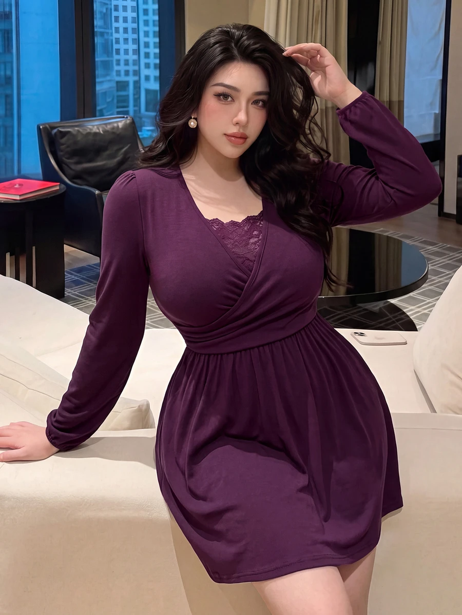 Vibekara Plus Size Long Sleeve Contrast Lace Elegant Dress - Purple - View 1