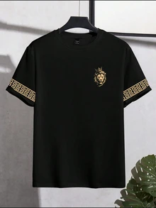 HypeHours 男士獅子圖案休閒日常短袖T恤 - 黑色 - 查看 3