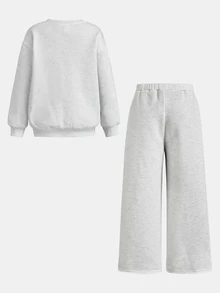 Young Girl Kids Casual Simple Light Gray Autumn/Winter English Letter Print Sweatshirt & Sweatpants 2 Pieces Set, Fall,Fall Clothes,Long Sleeve Tops - Light Grey - View 2