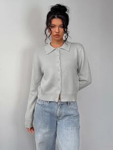 SHEIN BASICS 休閒素色長袖寬鬆短版女款針織開襟衫 秋季外套 返校季 校園風 淡黃色 教師 辦公室 日常穿搭 - 淺灰色 - 查看 7
