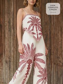 CAJUNI 女款度假風棕櫚樹印花不對稱下擺細肩帶上衣與長褲休閒套裝 - 紅白色 - 查看 1