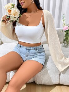 Sweetra 女款純色喇叭袖短版開襟衫 大尺碼 - 杏色 - 查看 5
