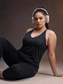 Powerista Women's Plus Size Backless Racerback Loose Black Jacquard Fabric Sports Tank Top - Black - View 4