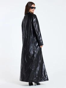 MUSERA Black PU Long Line Zip Detail Maxi Coat Jacket Fall Winter Women Outfit Casual - Black - View 3