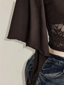 SHEIN ICON 女款蕾絲拼接V領修身百搭T恤 - 棕色 - 查看 7
