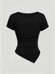 Sweetra Summer Hot-Selling Elegant Minimalist Asymmetrical Shoulder Ruched Waist Short Sleeve 2 Pieces Set Metal Decor Sexy Women Plus Size T-Shirt Top - Black and White - View 6