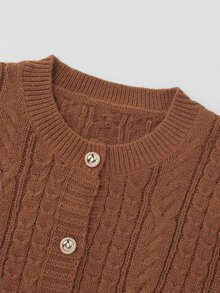 INAWLY Caramel Cable Knit Cardigan, Round Neck Pearl Button Short Vintage Soft Style Plus Size Women's Sweater - Brown - View 4