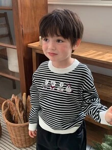 DAZY Infant (Boy) Round Neck Striped Korean Style Long Sleeve Sweater - Black and White - View 4