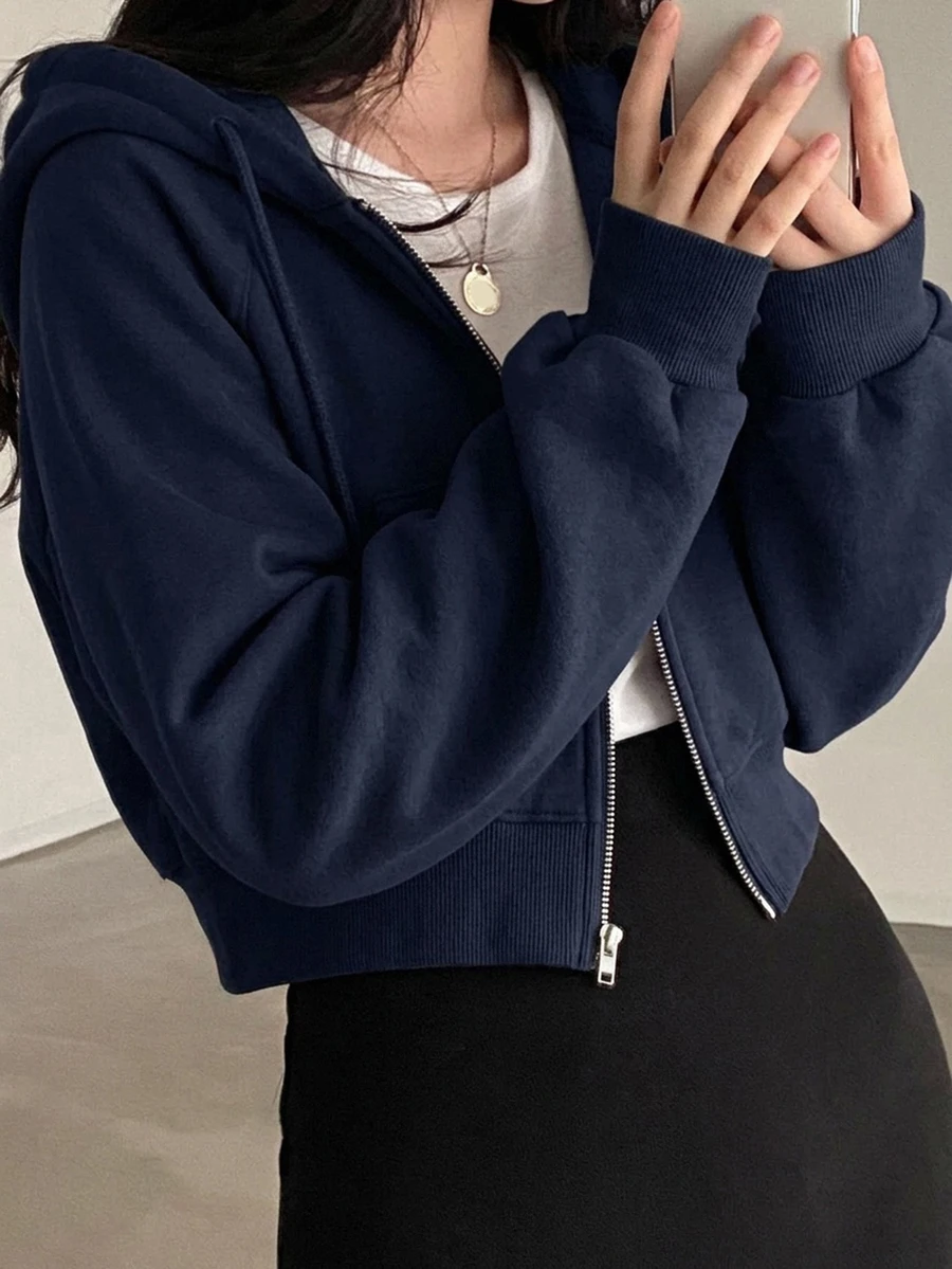 DAZY Women's Hooded Short Zip-Up Warm Sweatshirt - Navy Blue - View 1