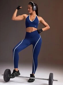 Powerista Women's Blue & White Low-Impact Halter Neck Sports Bra With Padding(Suitable For Jogging And Workout) - Blue and White - View 6