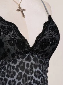 SHEIN ICON 大尺碼女款蕾絲拼接豹紋細肩帶背心 - 灰色 - 查看 11