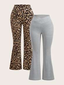 SHEIN EZwear Plus Size 2pcs Leopard Print Grey High Waist Crossover Fitted Casual Flare Leg Pants Set, Suitable For Autumn/Winter - Multicolor - View 1