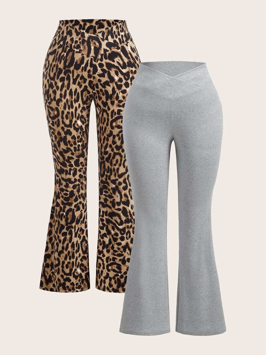 SHEIN EZwear Plus Size 2pcs Leopard Print Grey High Waist Crossover Fitted Casual Flare Leg Pants Set, Suitable For Autumn/Winter - Multicolor - View 1