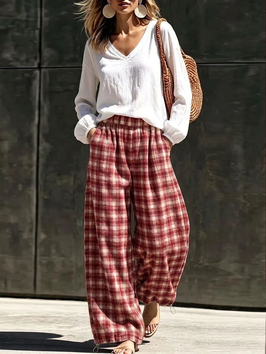 SHEIN بنطلون طويل كاجوال للنساء بخصر مطاطي ونقشة مربعات - ابيض واحمر - مشاهدة 1