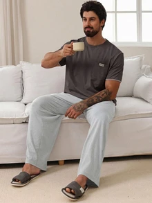 DAZY Summer Solid Color Patchwork T-Shirt & Men's Loungewear Set - Grey - View 7
