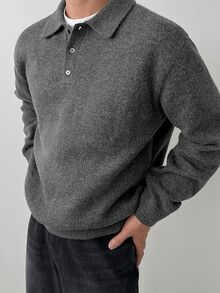 DAZY 男士灰色 Polo 領長袖針織衫，秋冬款 - 灰色 - 查看 2