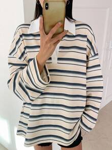 DAZY 女款條紋休閒日常長袖T恤 - 卡其色 - 查看 1