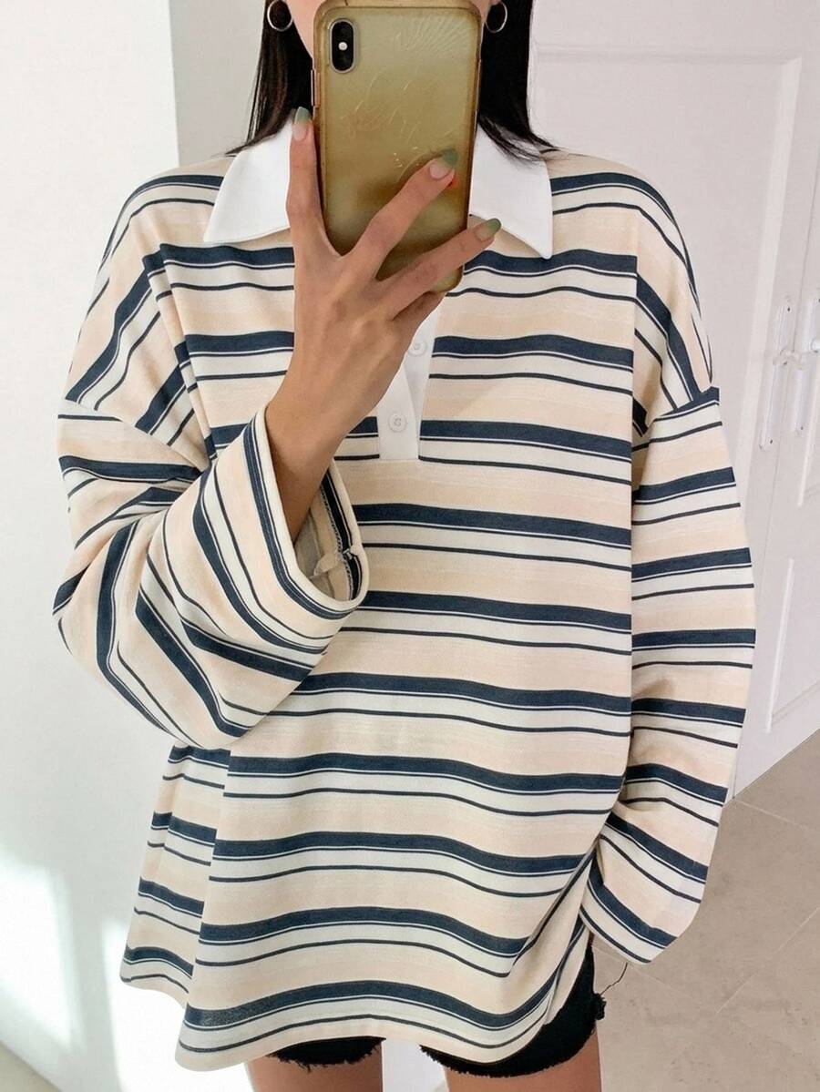 DAZY 女款條紋休閒日常長袖T恤 - 卡其色 - 查看 1