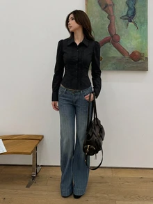 DAZY 純色翻領修身短袖白色女款襯衫 - 黑色 - 查看 4