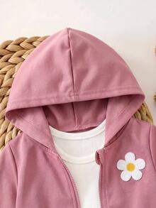 SHEIN 女嬰可愛灰色針織連帽外套與鬆緊腰長褲套裝 - 粉色 - 查看 5