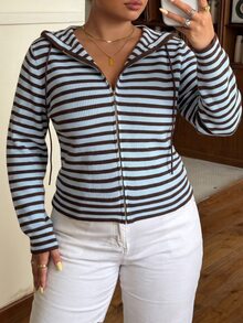 Muchica Plus Size Women's Striped Long Sleeve Zip-Up Hooded Knit Cardigan - Multicolor - View 3
