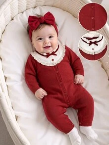 SHEIN Baby Girl Ruffled Stand Collar Casual Sweater Jumpsuit - Red - View 1