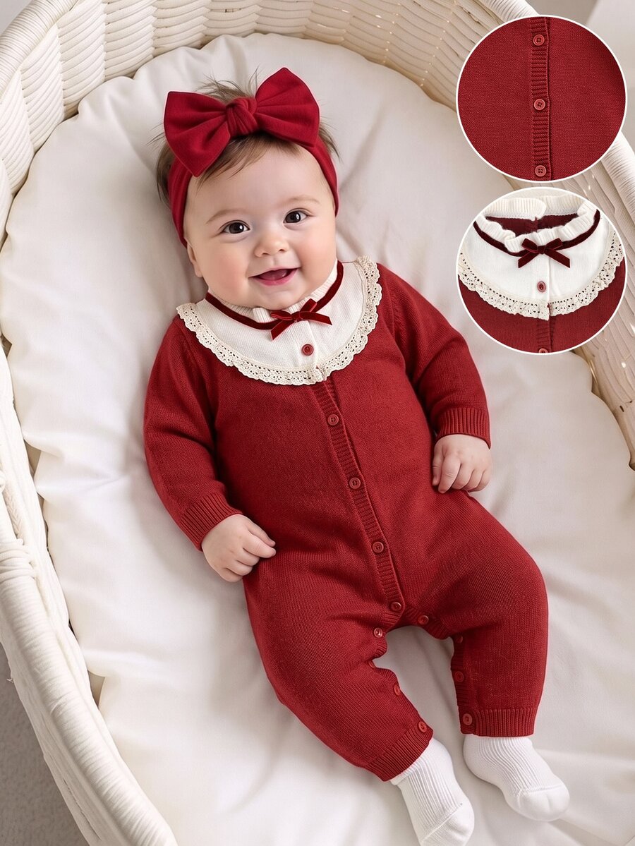 SHEIN Baby Girl Ruffled Stand Collar Casual Sweater Jumpsuit - Red - View 1