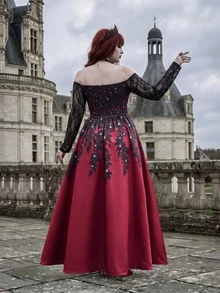 Whyspr Plus Size Sexy Hot Girl Off-Shoulder Lace Flare Dress - Burgundy - View 5