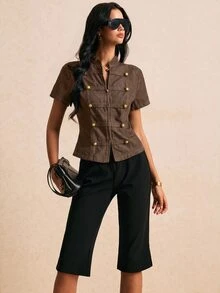 Poéselle Women's Short Sleeve Zip-Up Napoleon Denim Jacket - Brown - View 6