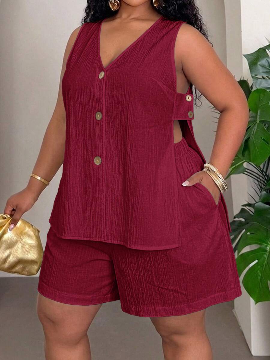Slaydiva Plus Size Button Textured Tank Top And Pocket Shorts 2 Pieces Set - Burgundy - View 1