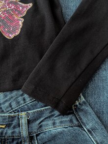 SHEIN 青少年女孩黑色時尚百搭珍珠裝飾印花方領T恤上衣 - 黑色 - 查看 4