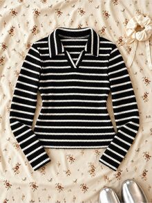 SHEIN Sparklyn 女款黑白條紋 Polo 領針織毛衣，秋季修身短版 V 領長袖提花上衣 - 黑色 - 查看 3