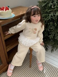 DAZY Set Sweatshirt Bayi Perempuan (Leher Bulat Lengan Panjang Motif Jala 2 Potong) - Aprikot - View 1