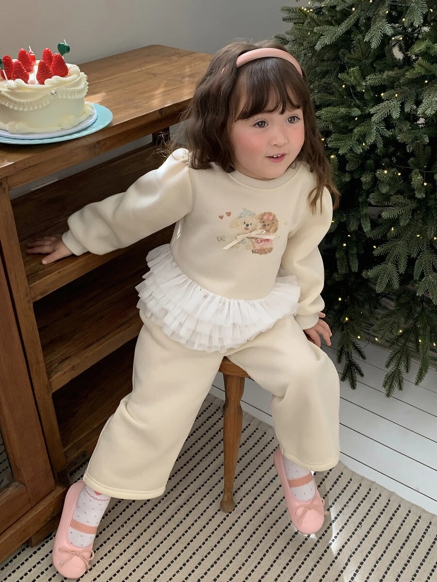 DAZY Set Sweatshirt Bayi Perempuan (Leher Bulat Lengan Panjang Motif Jala 2 Potong) - Aprikot - View 1