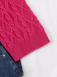 SHEIN Tween Girl Cable Knit Crew Neck Long Sleeve Casual Loose Sweater - Red - View 5