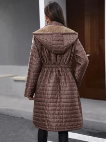 SHEIN LUNE 女款冬季加厚保暖內裡黑色連帽毛絨填充外套 - 咖啡棕 - 查看 6
