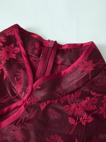 EastFlair Plus Size Elegant Solid Color Jacquard Button 3/4 Sleeve Dress - Burgundy - View 4