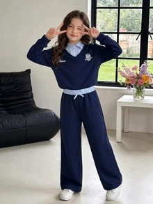 Girls' (Big) Navy Blue 2 Pieces Set, Navy Blue Long Sleeve Sweatshirt + Light Blue Collar Faux Layered Design, Ribbed Cuffs; Paired With Matching Wide Leg Pants, Suitable For Daily School, Back To School, Suburban Outings, Sister Gatherings, Visiting Friends And Family, Spring And Autumn Wear, Stylish And Cute - Royal Blue - View 4