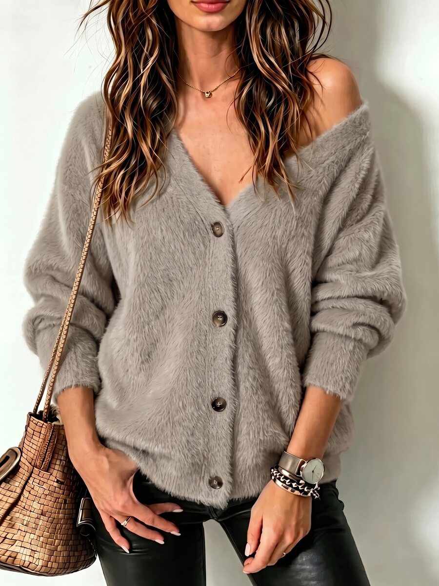 GlowEve Fall Winter Ladies Furry Plush Sweatshirt, VNeck Long Sleeve Button Up Casual Knit Outerwear - Multicolor - View 1