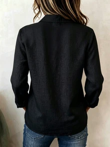 Holdful Holdful 新款女款鈕扣襯衫，翻領與V領設計，百搭 - 黑色 - 查看 2