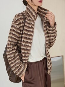 Dazy-Less Jaket Wanita Regular Bergaris Warna Blok dengan Resleting dan Kerah Tegak, Cocok untuk Musim Gugur/Dingin - Coffee Brown - View 3