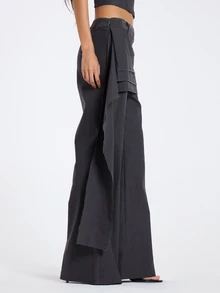MUSERA Grey Ruffle Detail High Waist Trouser Pants Fall Winter Women Outfit Casual - Dark Grey - View 2