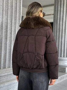 Pariaura Fashionable Elegant Slimming Detachable Large Fur Collar Padded Coat With Zipper Front And Side Pockets Loose Fit - Brown - View 2
