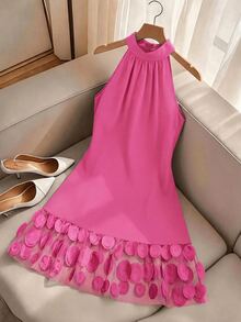 GlowEve CURVE Plus Size Elegant Patchwork 3D Mesh Dress - Hot Pink - View 3